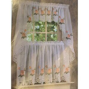 Jessica Tailored Swag Curtains 60" x 38" White Rose Embroidered By Lorraine Home